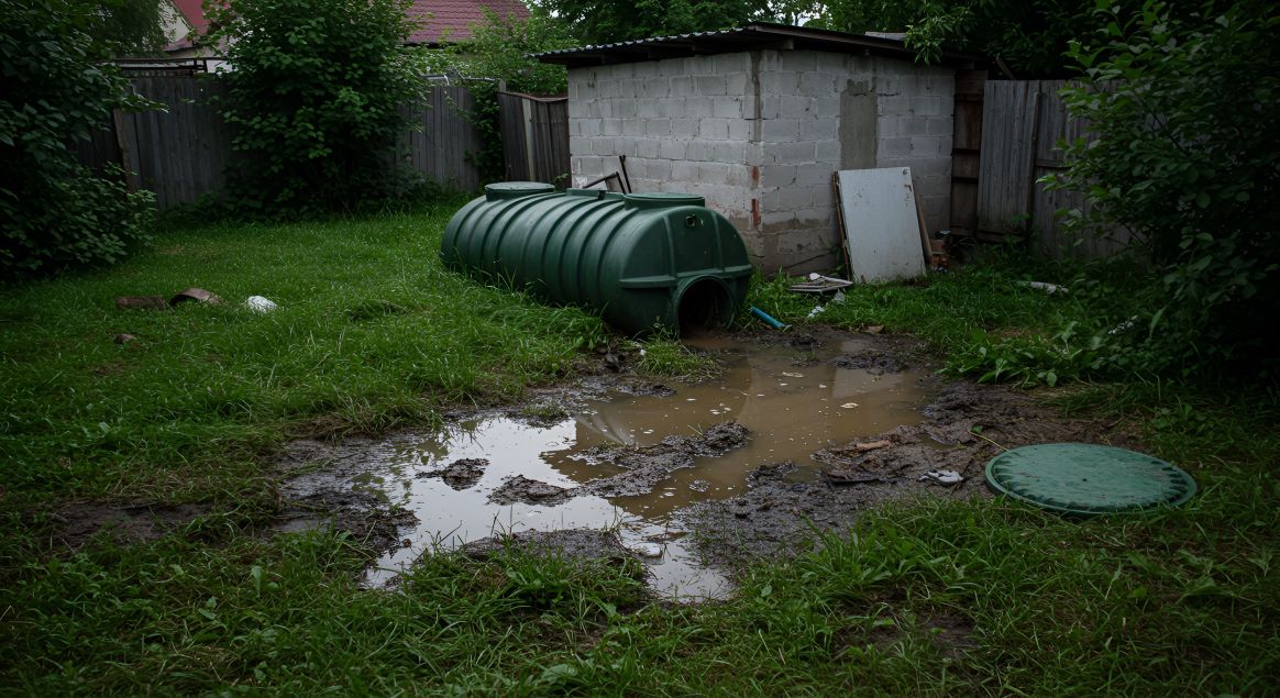 an image of a flooded backyard as a result of a septic system failure