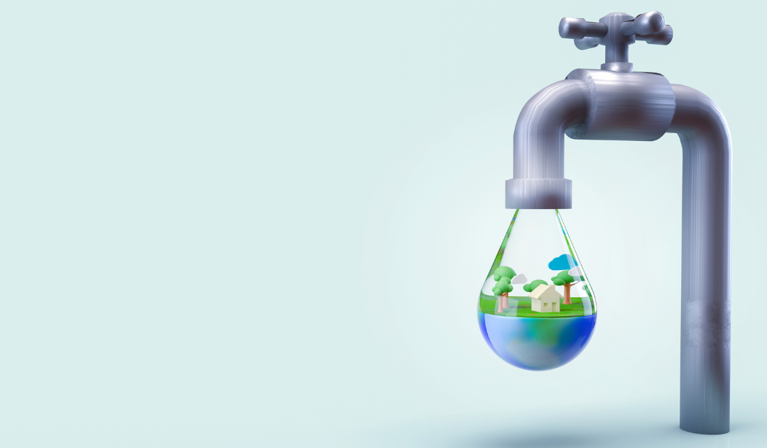 an image of a faucet dripping clean water with a landscape inside of the water droplet