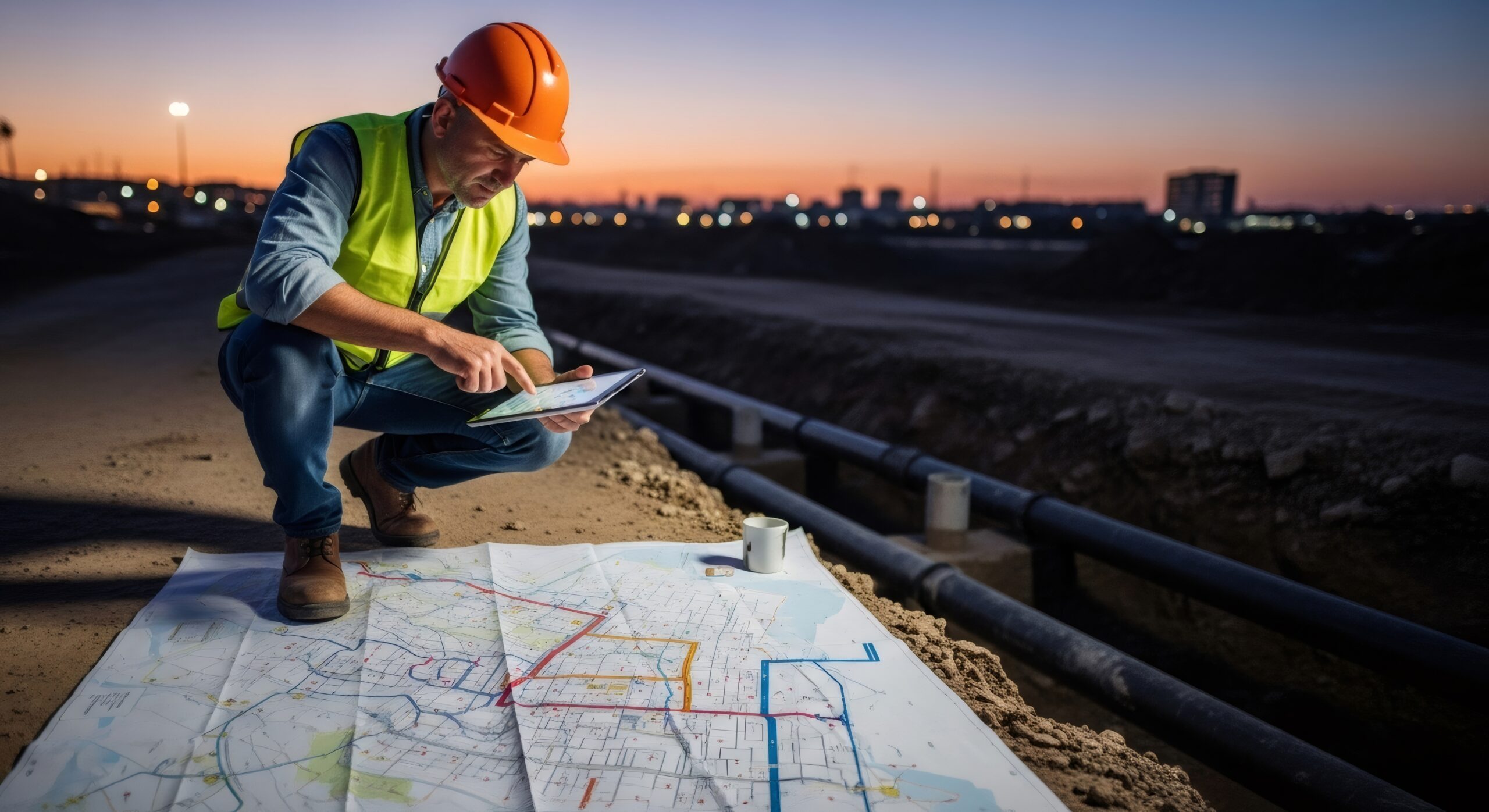 an image of a man looking over wastewater treatment design plans
