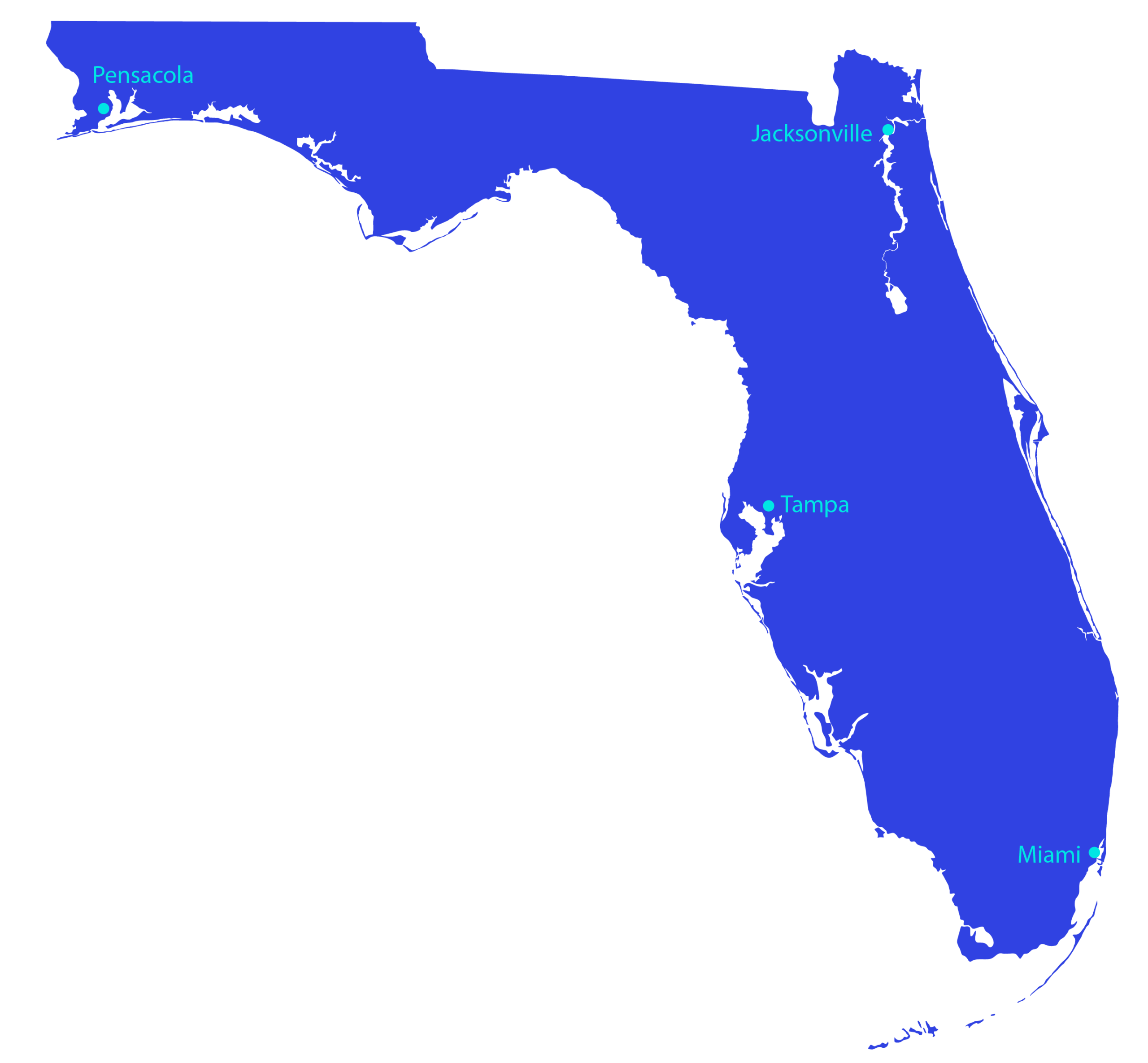 Map of Florida with the marked locations of Tampa, Miami, Jacksonville, and Pensacola.