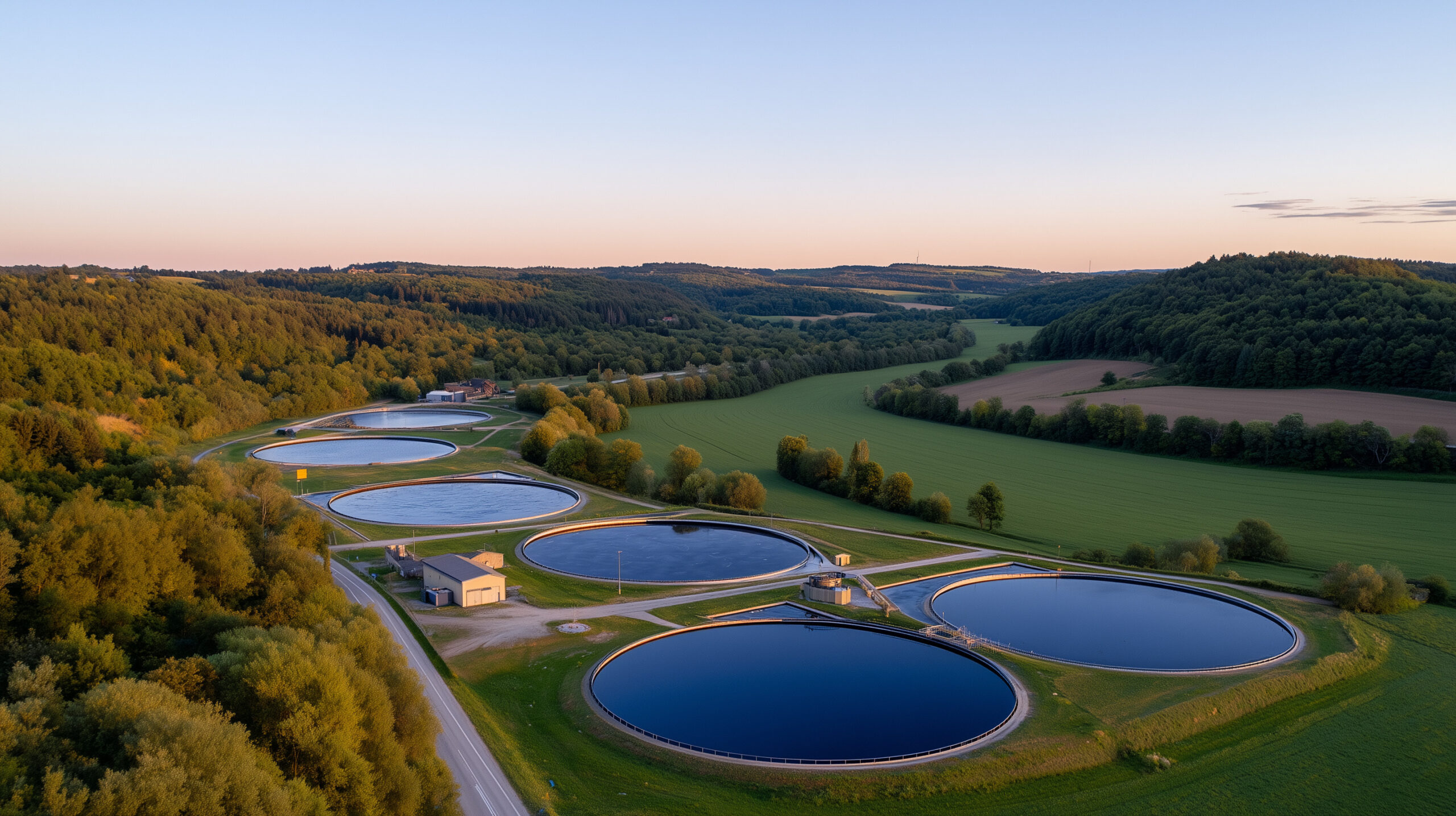 A wastewater treatment facility with large tanks and processing equipment, highlighting the importance of wastewater system planning for efficient and sustainable water management.